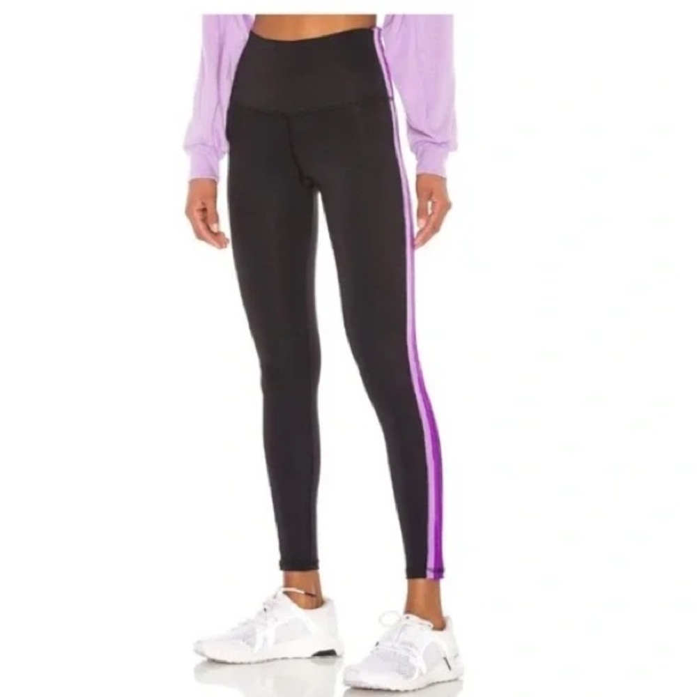 Strut This! High rise Black Sage Leggings, 3 tone purple side stripe, one size